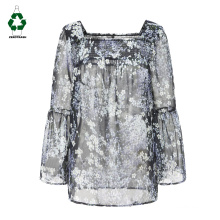 Women Rpet Blouse Recycled Polyester Chiffon Blouse with Elastic Smocking Square neck and Flare sleeves Floral Blouse